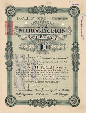 Lot #164 Nobel: Nitroglycerin Aktiebolaget Stock Certificate Document - Image 1