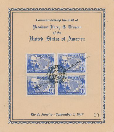 Lot #136 Harry S. Truman Postcard and Stamp Block - Image 1
