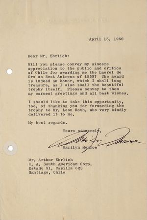 Lot #715 Marilyn Monroe: Marilyn sends thanks to 