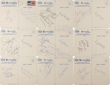 Lot #698 Celebrities: Over 70 celebrity signatures, highlighted by Cary Grant, Barbra Streisand, and Rod Stewart - Image 1