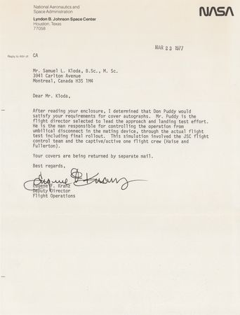 Lot #425 Gene Kranz and Don Puddy Typed Letter Signed and Cover - Image 1