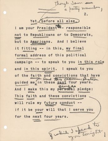 Lot #58 Dwight D. Eisenhower: Hand-corrected draft of Ike's final campaign speech: 