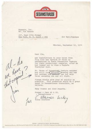 Lot #704 Jim Henson: Henson approves an Oscar sketch for a German 