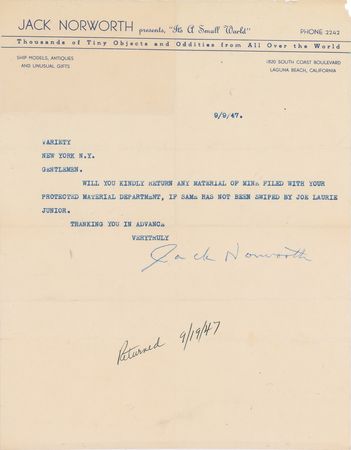 Lot #615 Jack Norworth Typed Letter Signed - Image 1