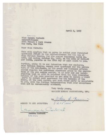 Lot #716 Marilyn Monroe: Marilyn leases a Waldorf Astoria suite - Image 4