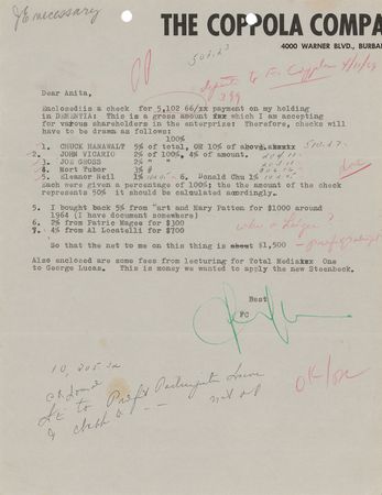 Lot #699 Francis Ford Coppola: Coppola pays out shareholders in his first mainstream film, and buys a Steenbeck editor with George Lucas - Image 1