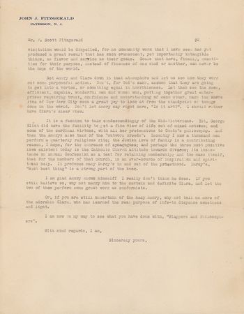 Lot #504 F. Scott Fitzgerald: Newlywed Fitzgerald weighs in on This Side of Paradise, his short stories, money, Catholicism, and sends a signed photograph of Zelda: 