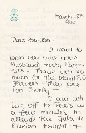 Lot #708 Grace Kelly: Princess Grace writes to Zsa Zsa with kind wishes on her fifth marriage - Image 1