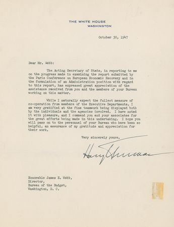 Lot #57 Harry S. Truman: Sending thanks to his budget director for reviewing a Paris Conference report in response to the Marshall Plan - Image 1