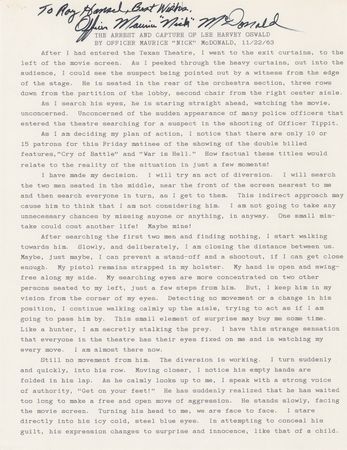 Lot #270 Lee Harvey Oswald: Maurice 'Nick' McDonald Signed Typescript and Arrest Report - Image 1