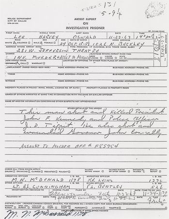 Lot #270 Lee Harvey Oswald: Maurice 'Nick' McDonald Signed Typescript and Arrest Report - Image 3