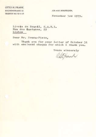 Lot #5 Otto Frank Typed Letter Signed