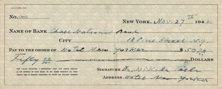 Lot #170 Nikola Tesla: Incredibly rare twice-signed Nikola Tesla check, paid to the Hotel New Yorker—quite possibly the last check he ever wrote - Image 1