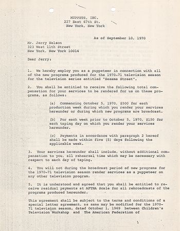 Lot #418 Jim Henson: Henson signs the Count von Count puppeteer for the 1970-71 season of Sesame Street - Image 1