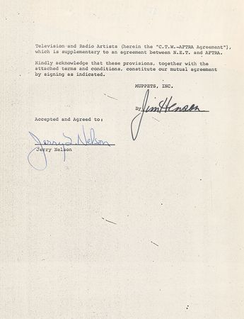 Lot #418 Jim Henson: Henson signs the Count von Count puppeteer for the 1970-71 season of Sesame Street - Image 2