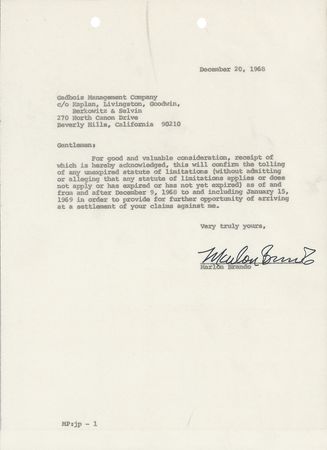 Lot #412 Marlon Brando: Boldly signed lawsuit document from Marlon Brando - Image 1