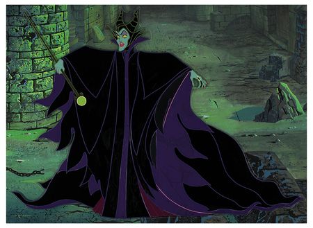 Lot #538 Eyvind Earle pan production background and production cel of Maleficent from Sleeping Beauty: Large full-length cel of Maleficent on an Earl panoramic background - Image 1