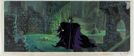 Lot #538 Eyvind Earle pan production background and production cel of Maleficent from Sleeping Beauty: Large full-length cel of Maleficent on an Earl panoramic background - Image 2