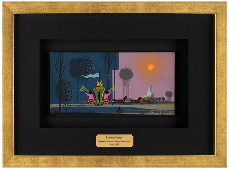 Lot #540 Eyvind Earle concept painting of the Coach and Castle from Sleeping Beauty: Earle creates a horse-drawn journey to the iconic castle of Sleeping Beauty - Image 2