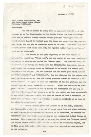 Lot #562 Roy O. Disney: Disney grants Spanish-language distribution rights for Cinderella and others - Image 1