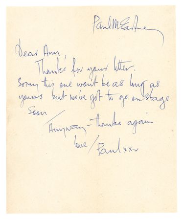 Lot #280 Beatles: McCartney, Paul: Rare 1963 handwritten and twice-signed letter from Paul—