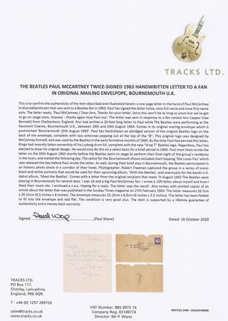 Lot #280 Beatles: McCartney, Paul: Rare 1963 handwritten and twice-signed letter from Paul—