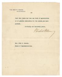 Lot #40 Woodrow Wilson: President Wilson writes to Texas Congressman John Nance Garner, recognizing him 