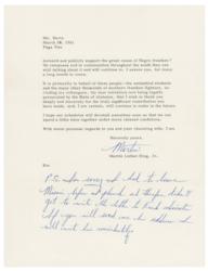 Lot #173 Martin Luther King, Jr: A historical letter to Sammy Davis, Jr., praising the ground-breaking 1961 Carnegie Hall tribute show?punctuated with a handwritten postscript from King regarding a ?letter to Frank Sinatra? - Image 2