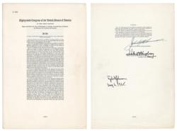 Lot #53 Lyndon B. Johnson: Important official printing of a landmark Civil Rights bill: President Johnson, Vice President Humphrey, and Speaker McCormack sign the Voting Rights Act of 1965 - Image 1