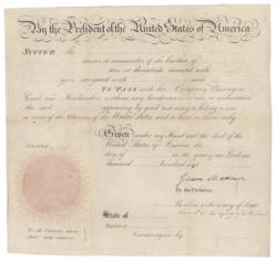 Lot #4 James Madison: Scarce unissued ship's pass signed by President Madison - Image 1