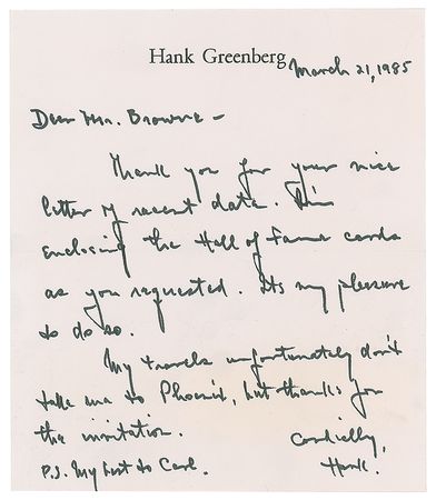 Lot #4058 Hank Greenberg Autograph Letter Signed and Signed HOF Card - Image 3