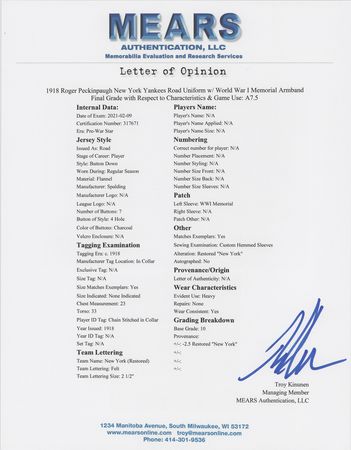 Lot #9001 Roger Peckinpaugh's Game-Used 1918 New York Yankees Road Uniform - Image 16