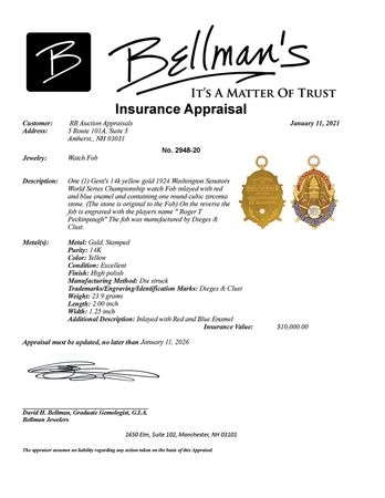 Lot #9004 Roger Peckinpaugh's 1924 Washington Senators World Series Championship Watch Fob - Image 5