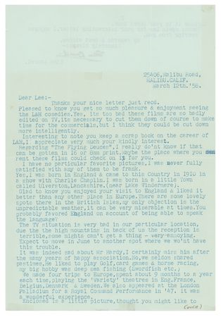 Lot #709 Stan Laurel: Content-rich letter from Laurel on missing 