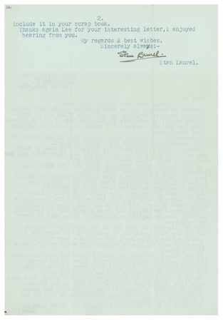 Lot #709 Stan Laurel: Content-rich letter from Laurel on missing 