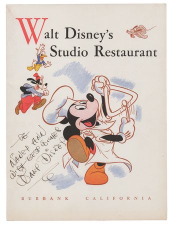 Lot #314 Walt Disney: Dinner with Disney—a boldly signed color menu from Walt Disney's Studio Restaurant - Image 1