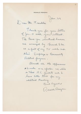 Lot #35 Ronald Reagan: Handwritten letter from Reagan to Benjamin Franklin - Image 1