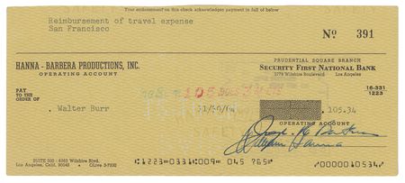 Lot #327 Bill Hanna and Joe Barbera Check - Image 1