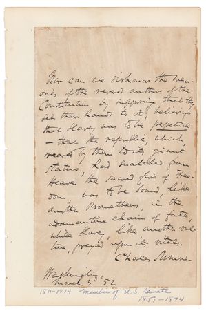 Lot #215 Charles Sumner: Handwritten passage from Sumner's powerful 1846 speech 'Anti-slavery Duties of the Whig' - Image 1