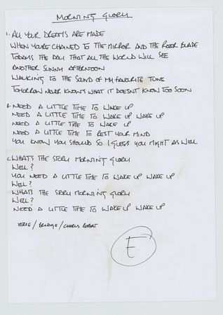 Lot #406 Oasis: Gallagher, Noel: Five Oasis song lyrics handwritten by Noel Gallagher - Image 1