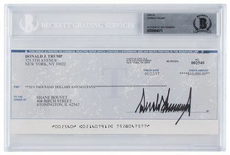 Lot #37 Donald Trump: Exceedingly rare $10,000 check signed by President Trump, three days after his inauguration - Image 1