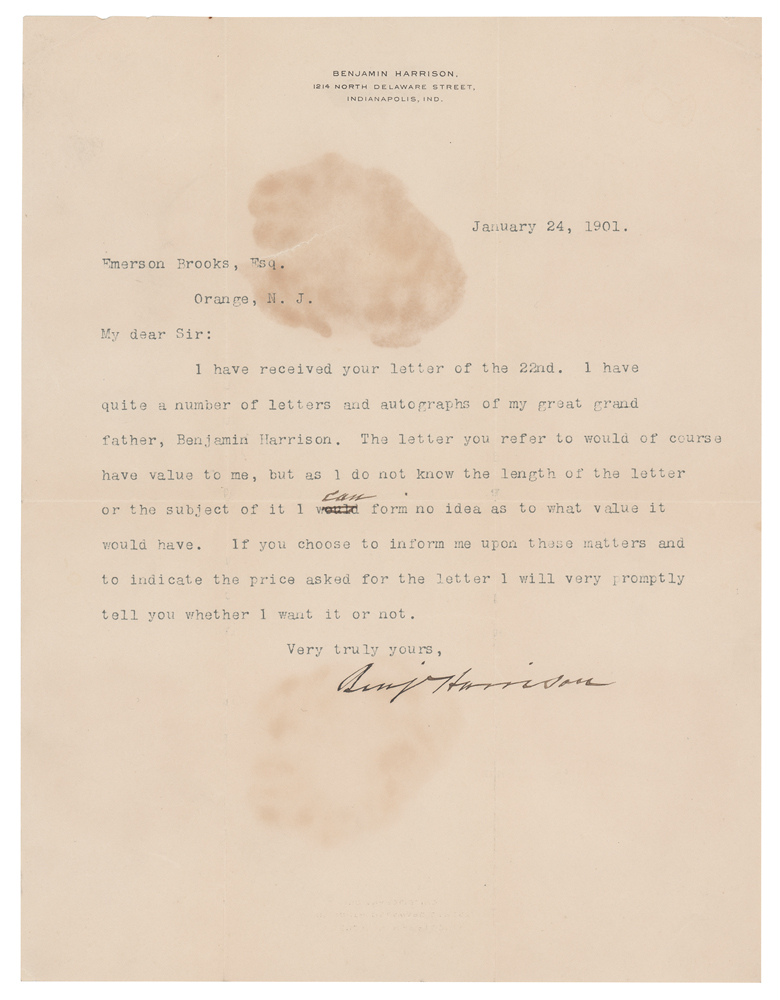 Lot 77 Benjamin Harrison: The former president on his collection, highlighted by his Declaration-signing forefather: 