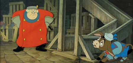 Lot #655 Coachman and donkey mini-pan key master background set-up from Pinocchio: The evil and elusive Coachman of Pinocchio with a hand-painted mini-panoramic background - Image 1