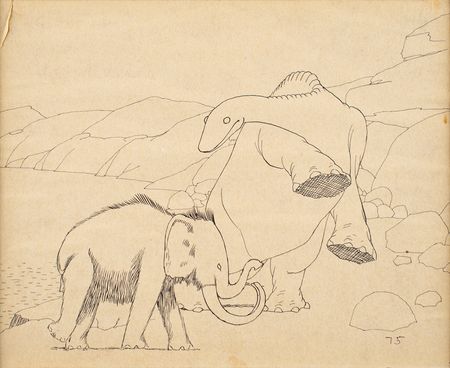 Lot #614 Gertie and Jumbo the Mastodon production drawing from Gertie the Dinosaur: Magnificent McKay drawing of Gertie and Jumbo - Image 1