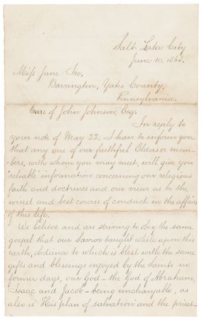 Lot #146 Brigham Young: ?Women are as free here as anywhere to marry agreeably with their own views and choice??Young responds to a young recruit, assuring her that the journey to Utah ?is each day becoming easier as the railroad progresses? - Image 1