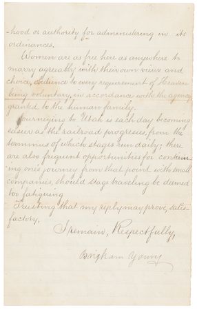 Lot #146 Brigham Young: ?Women are as free here as anywhere to marry agreeably with their own views and choice??Young responds to a young recruit, assuring her that the journey to Utah ?is each day becoming easier as the railroad progresses? - Image 2