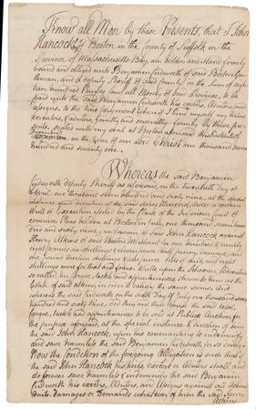 Lot #122 John Hancock and John Adams: Fellow ‘Sons of Liberty’ John Adams and John Hancock sign a 1771 legal document a year after the Boston massacre and before the coming Boston Tea Party - Image 1