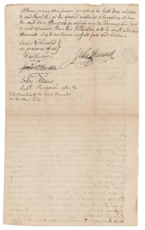 Lot #122 John Hancock and John Adams: Fellow ‘Sons of Liberty’ John Adams and John Hancock sign a 1771 legal document a year after the Boston massacre and before the coming Boston Tea Party - Image 2