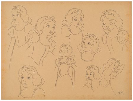Lot #639 Frank Follmer preliminary model sheet drawing of Snow White from Snow White and the Seven Dwarfs Preliminary Model Sheet - Image 3