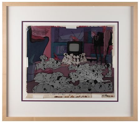 Lot #728 Dalmatian puppies production cels on a key master production background from 101 Dalmatians: Incredible key master production set-up of the Dalmatian puppies watching TV - Image 1
